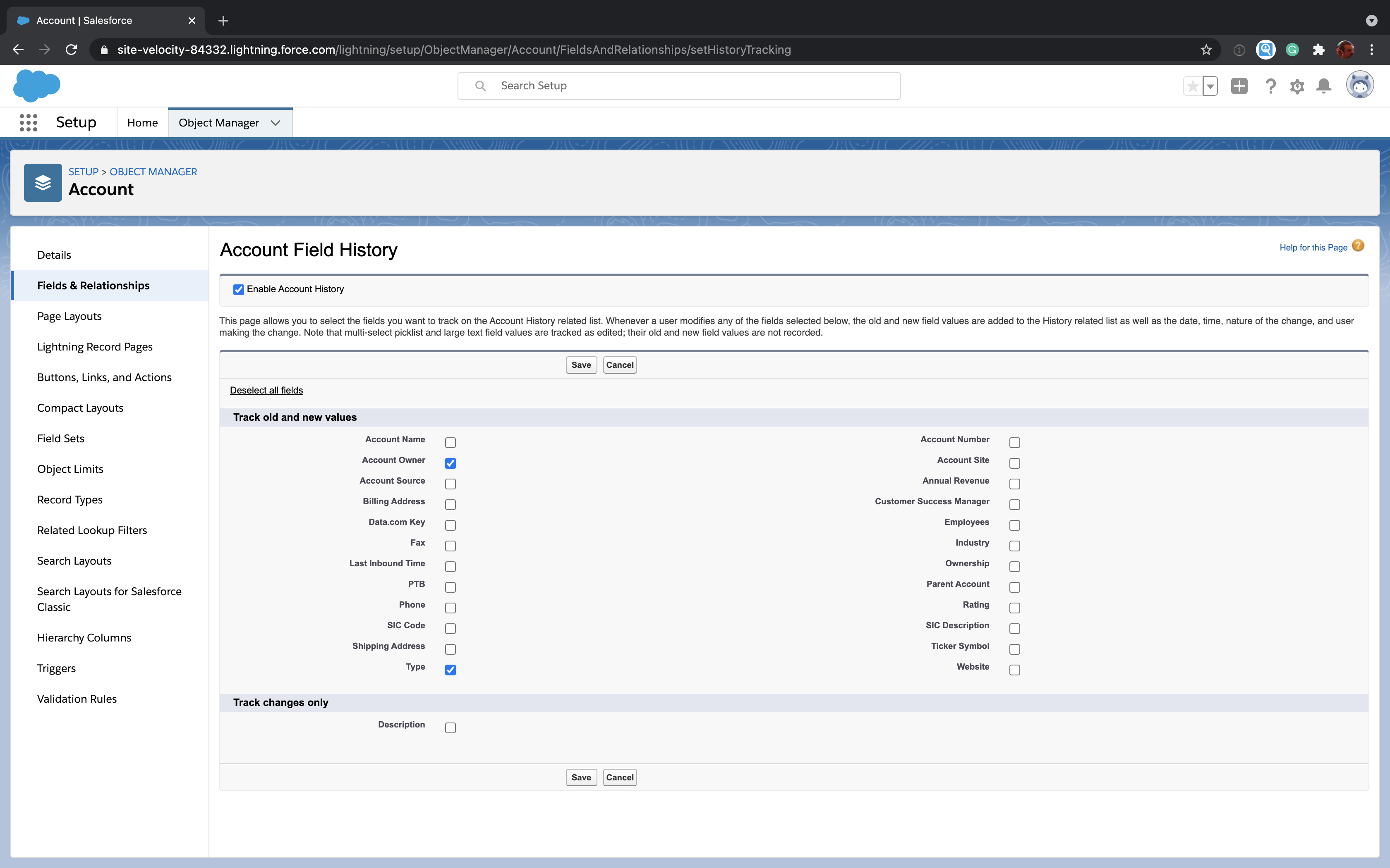 Salesforce field history tracking for a standard object