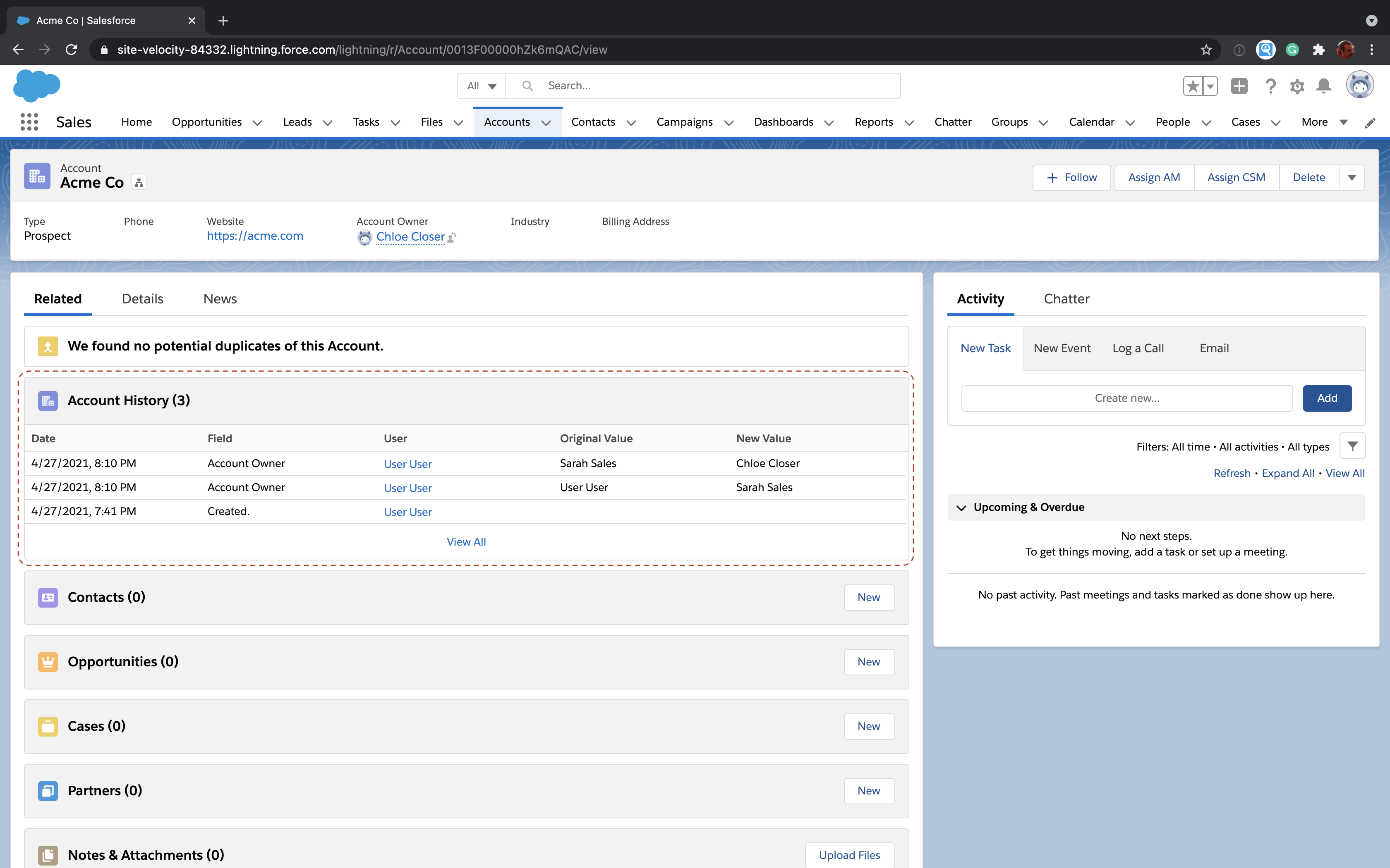 Salesforce record detail page showing field history related list