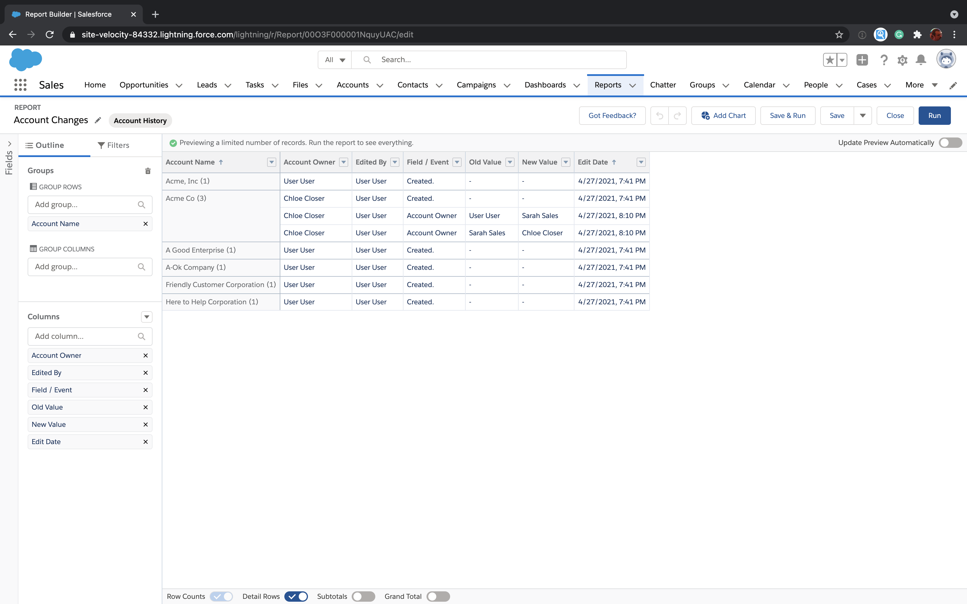 Edit Salesforce account field history report