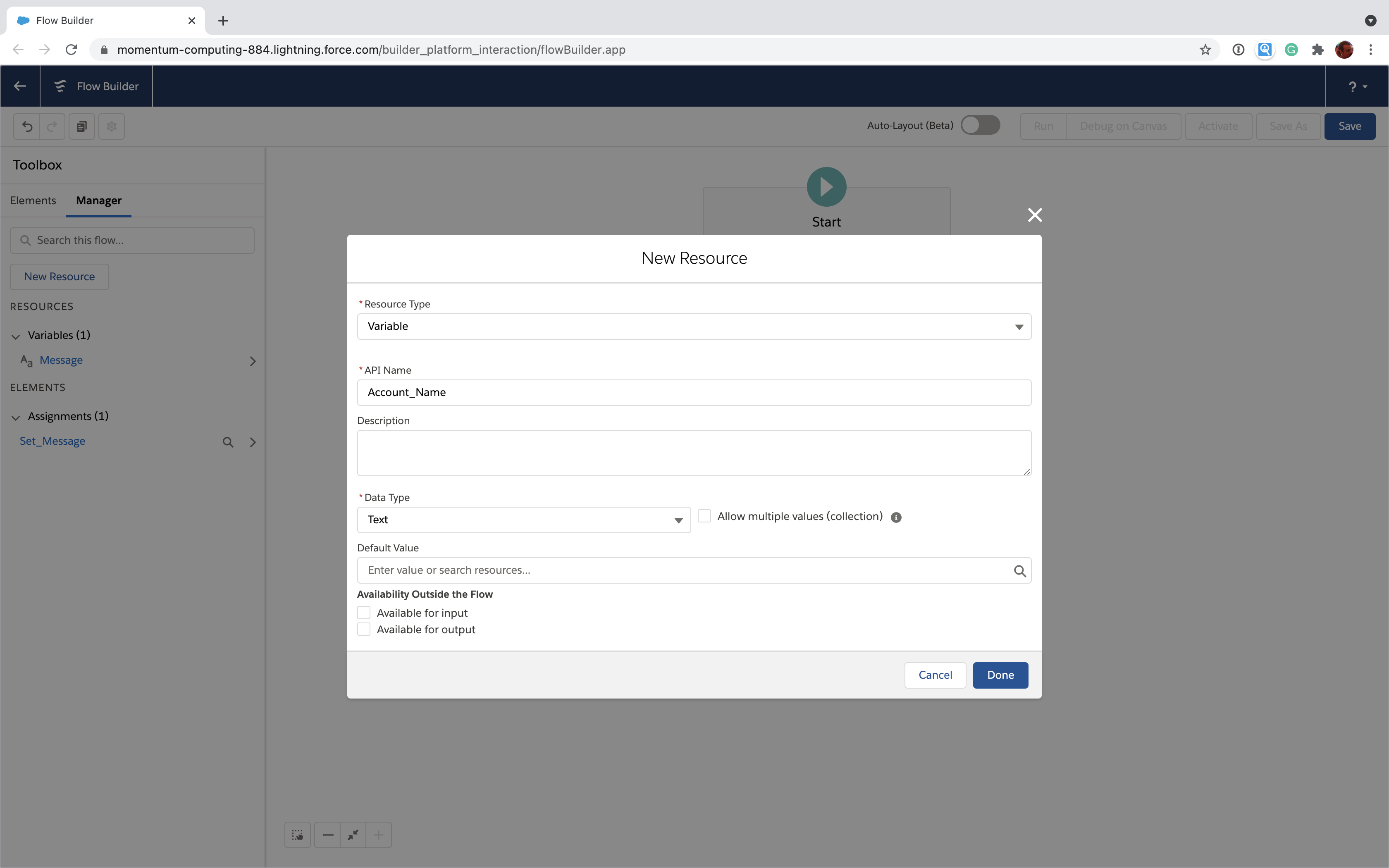 Create an Account_Name variable in Salesforce Flow