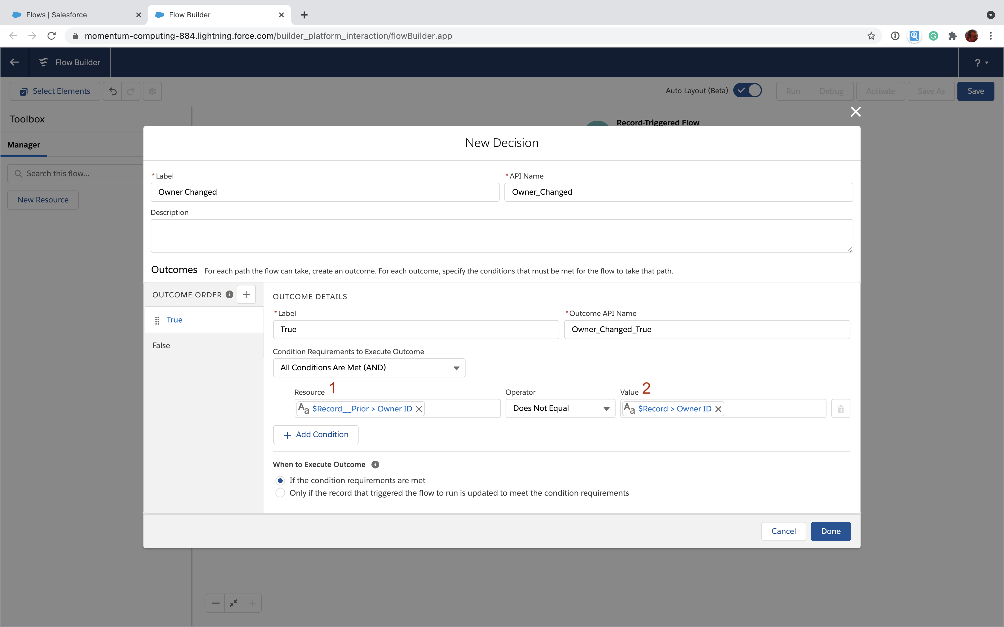 Salesforce Flow Decision element in checking for Account ownership change