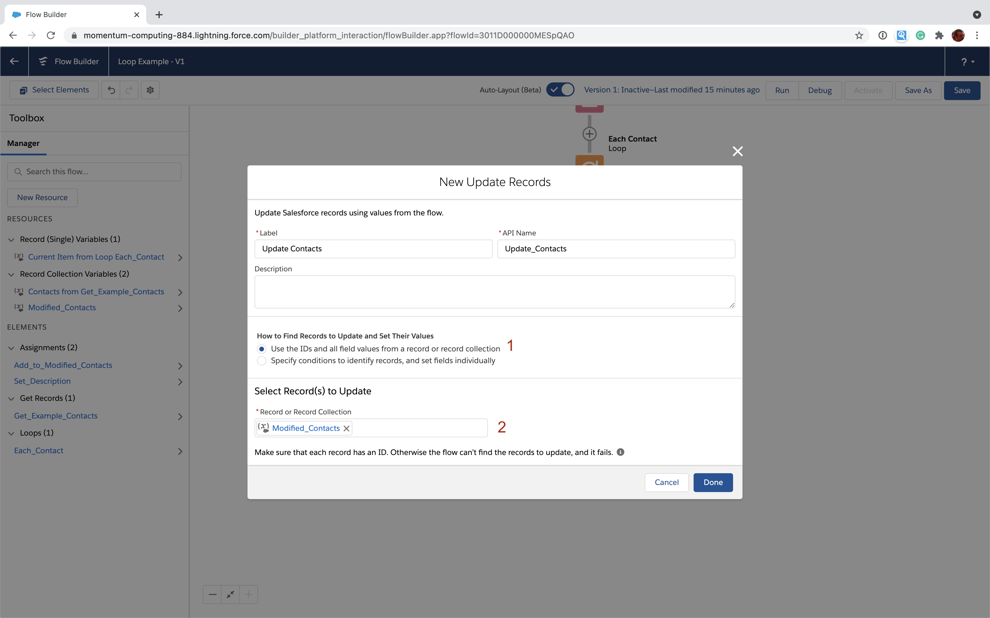 Update Records element with Salesforce Flow loop