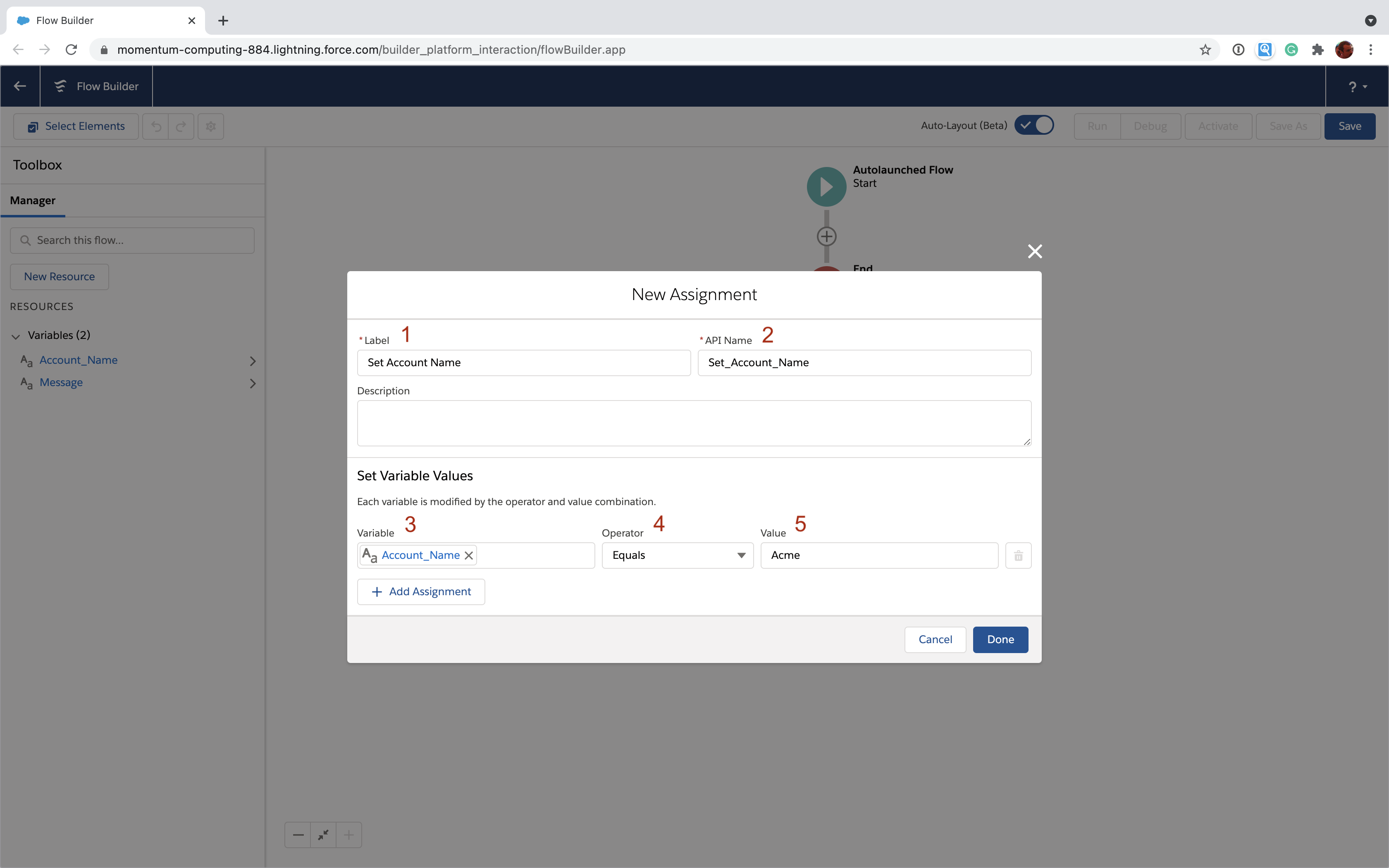 Assign the Account_Name variable value in Salesforce Flow
