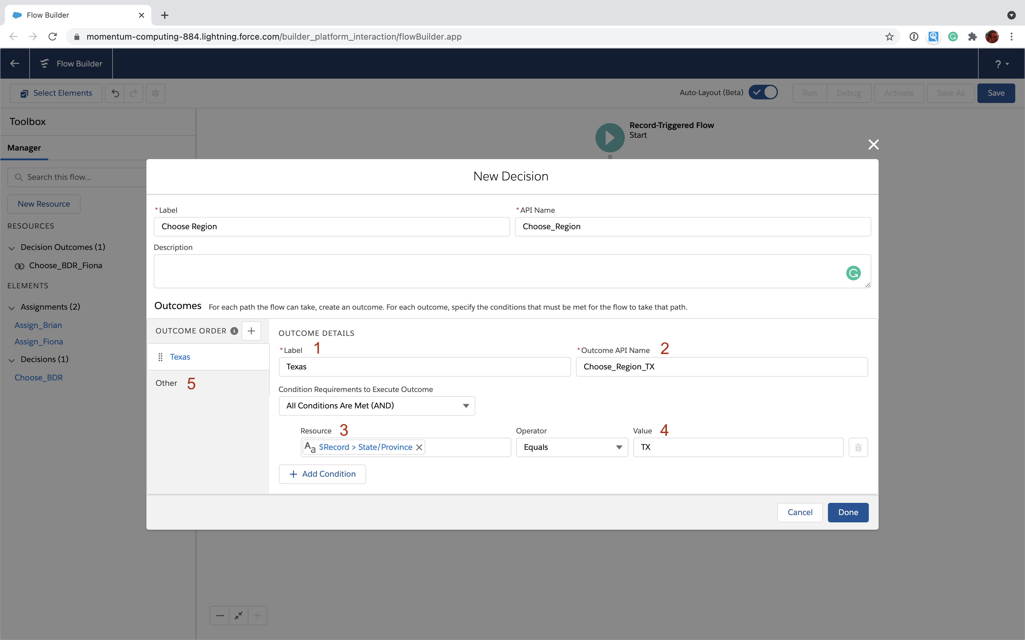 Salesforce Flow Decision element to choose BDR region