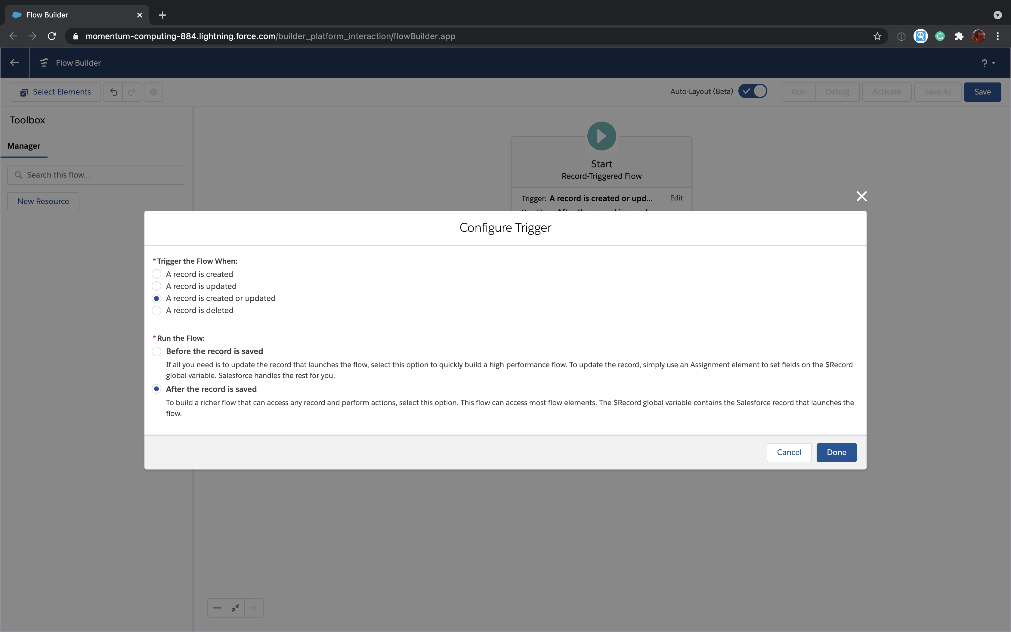 Configure trigger for Salesforce Flow start element