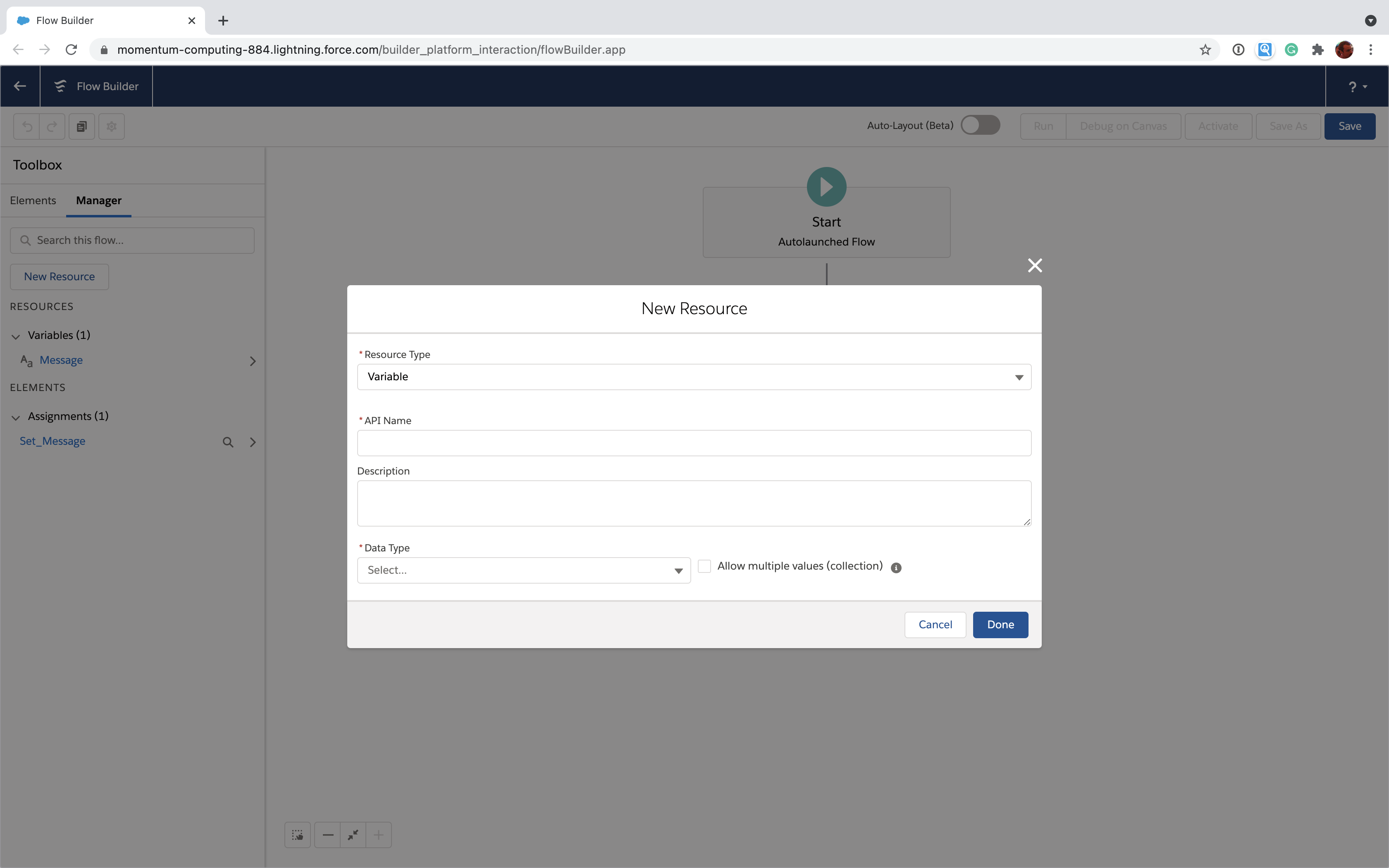 Create a variable in Salesforce Flow