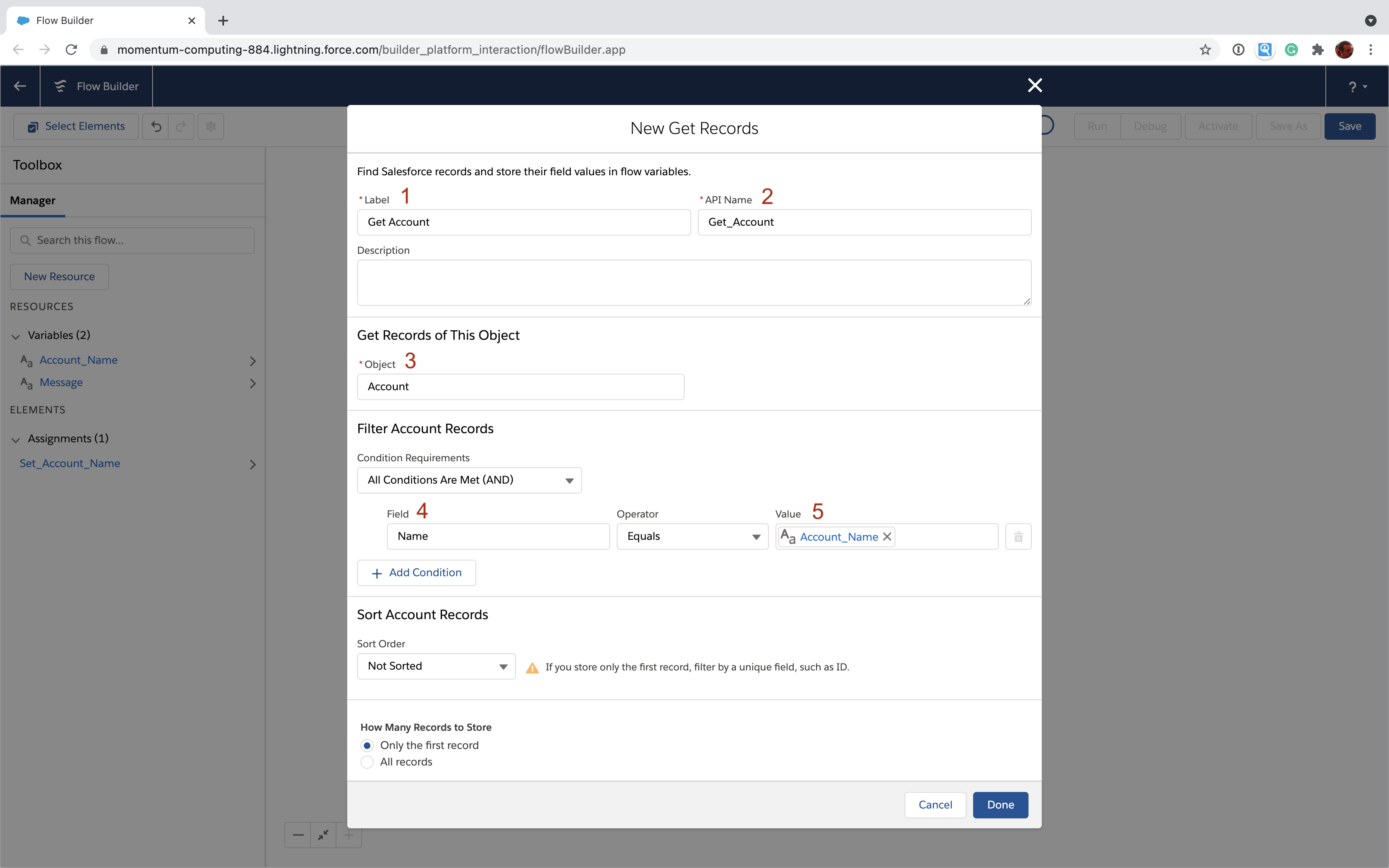 Use the Account_Name variable to retrieve an Account in Salesforce Flow