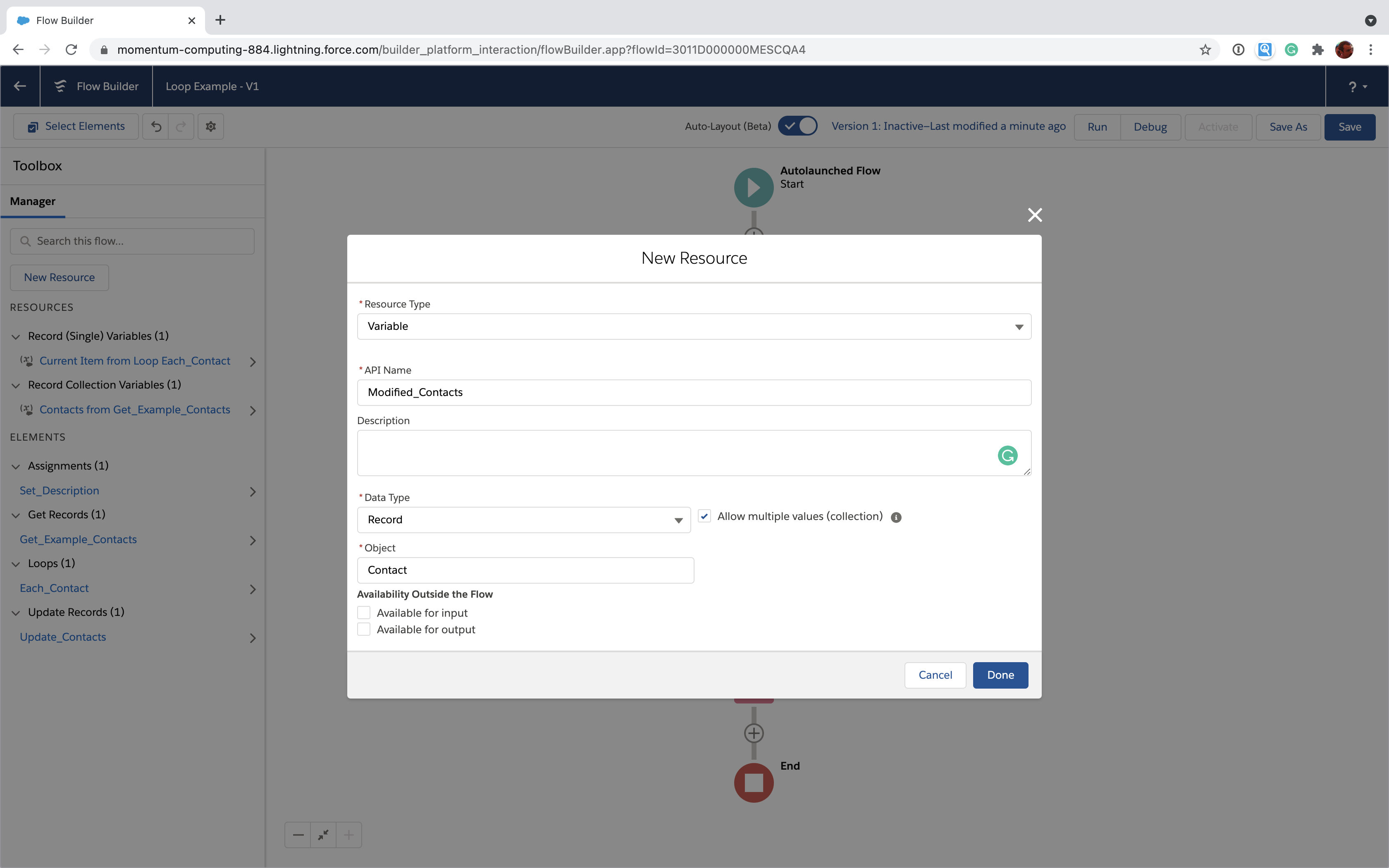 Add Salesforce Flow variable for modified contacts
