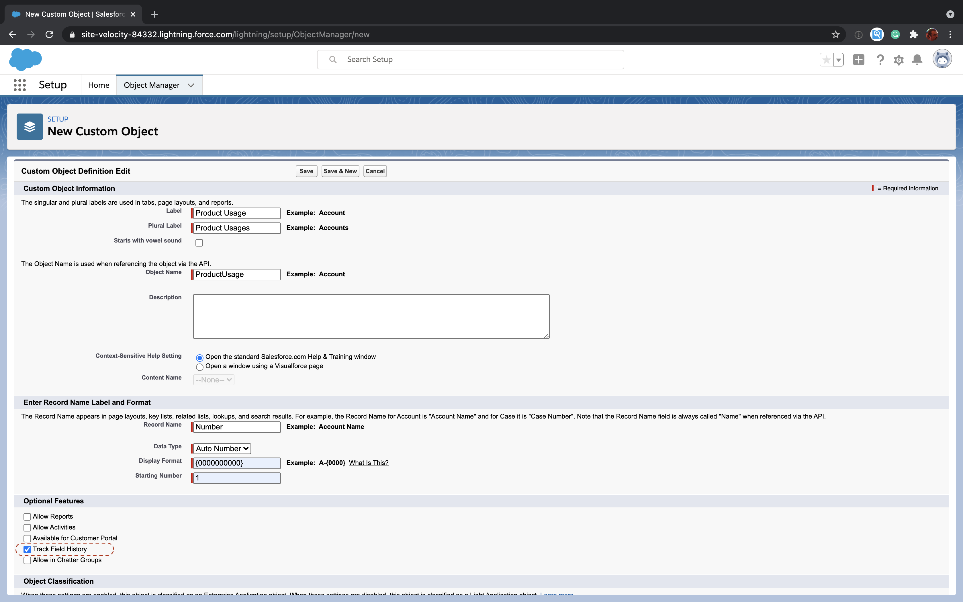 Enable "Track Field History" for a Salesforce custom object