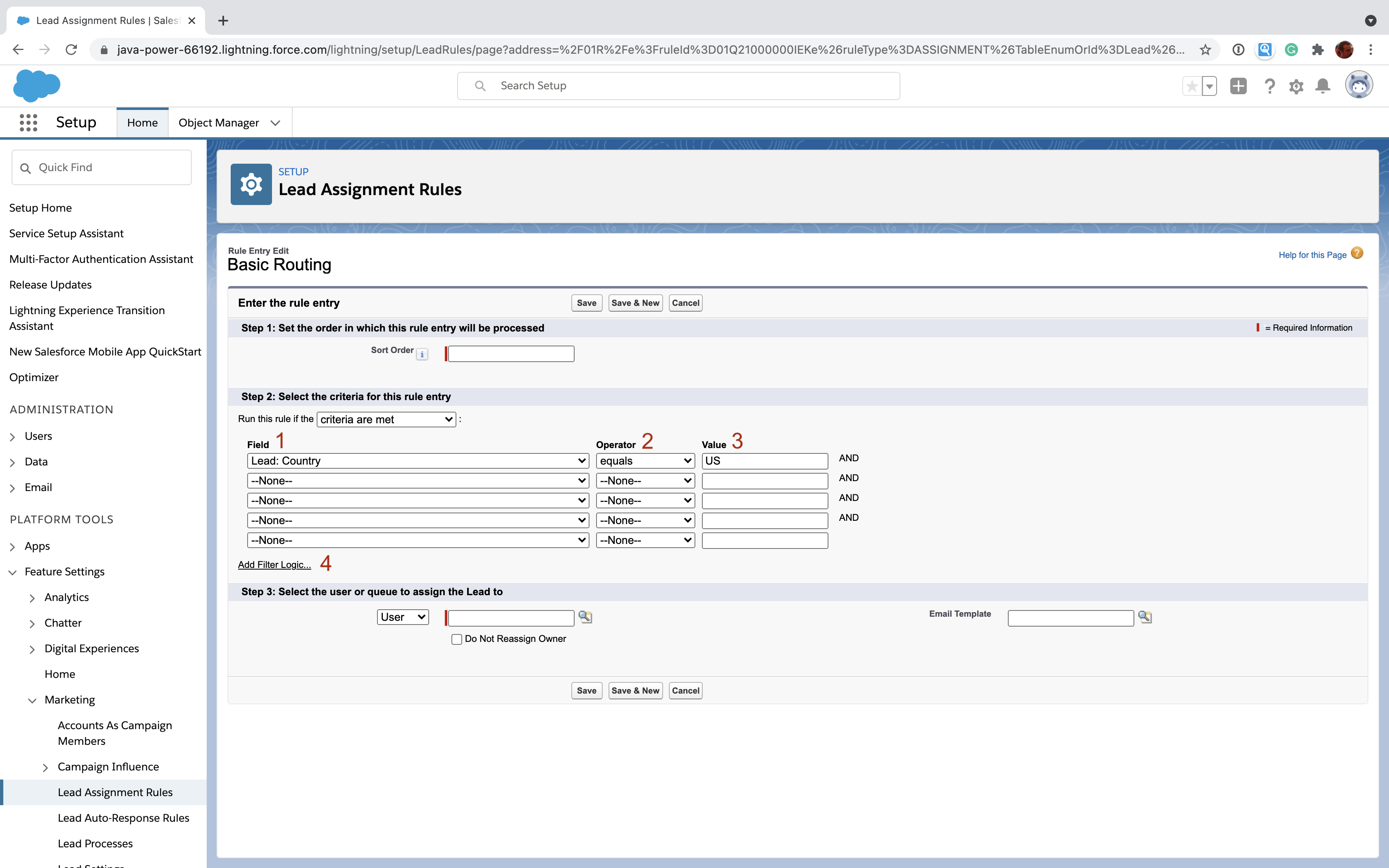 Salesforce lead assignment rule entry with filter criteria