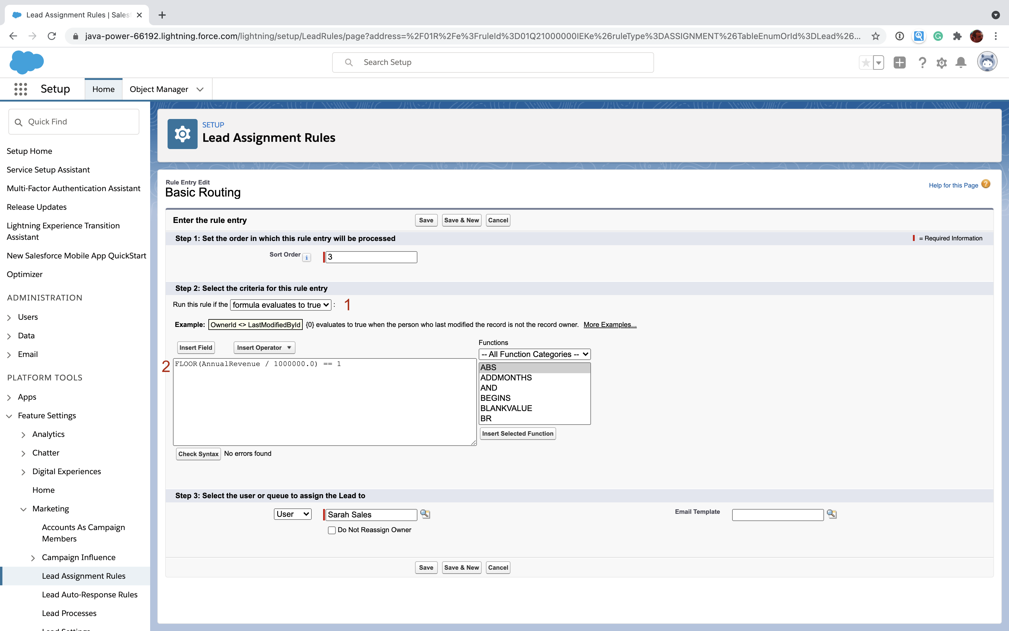 Salesforce lead assignment rule entry with formula