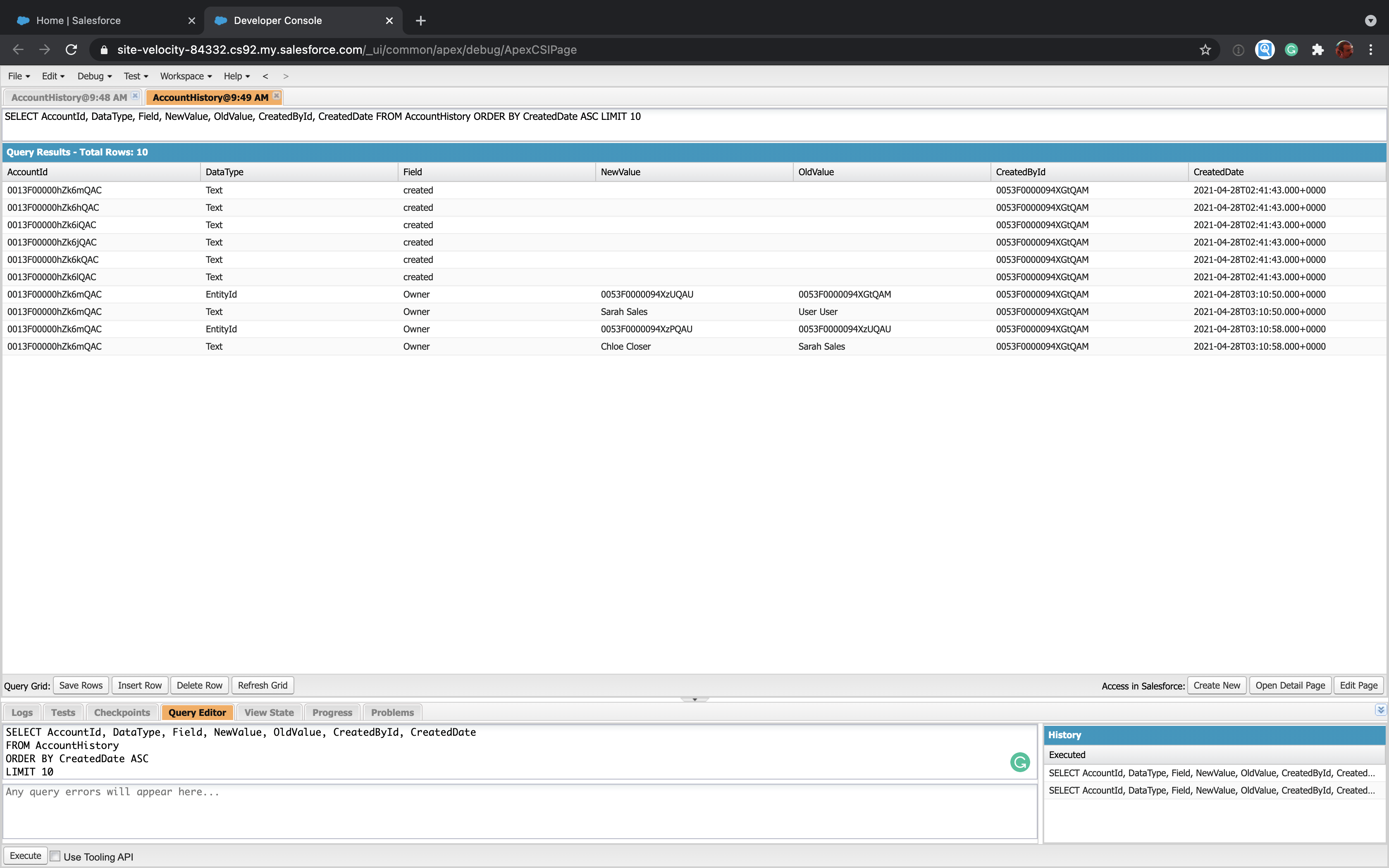 Using SOQL to query a Salesforce field history object