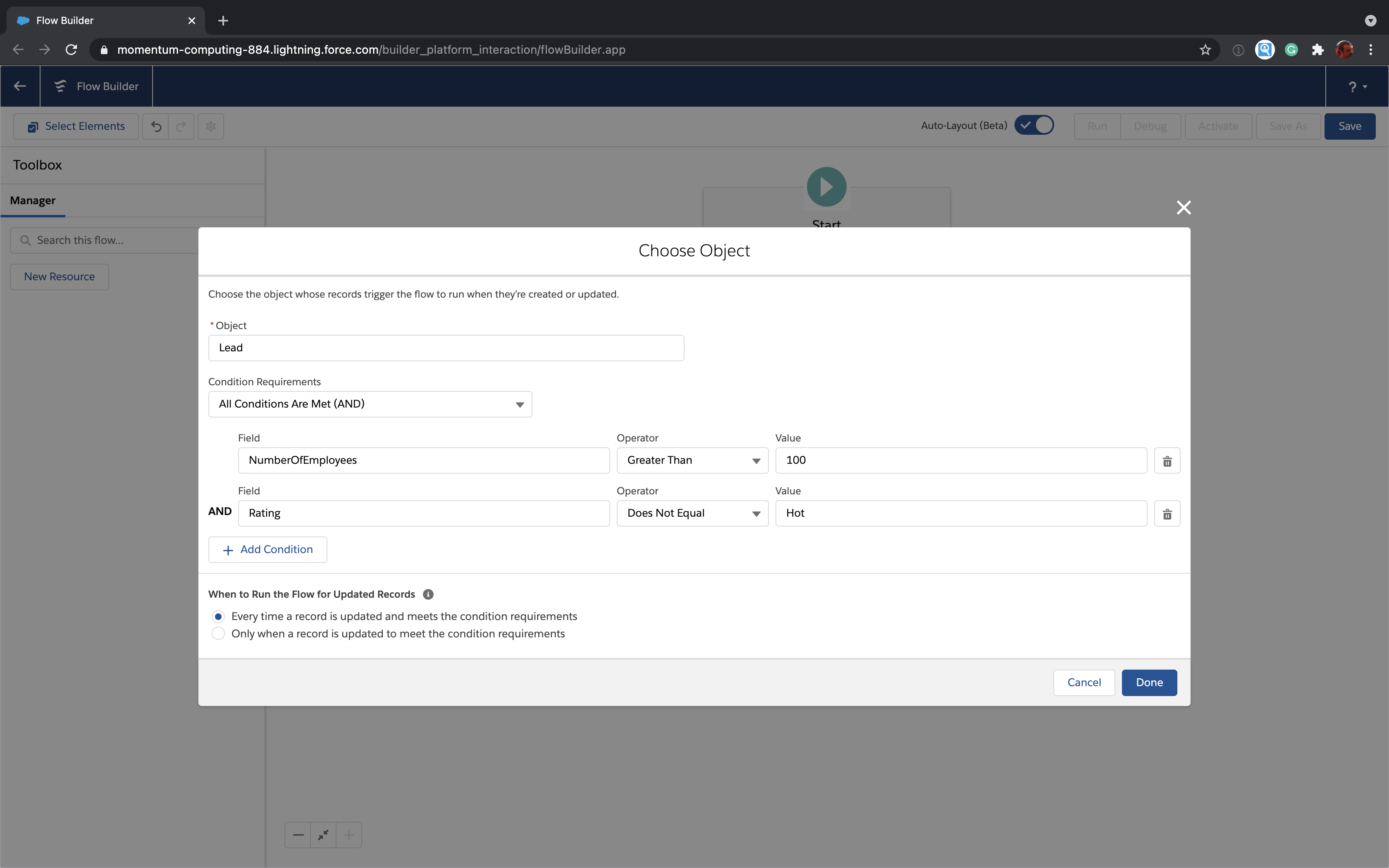 Configure object criteria for Salesforce Flow start element