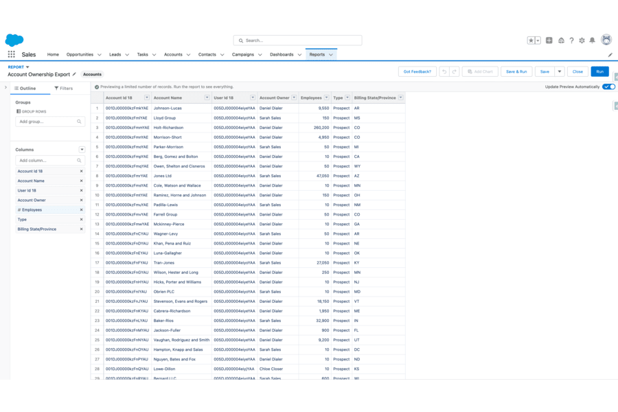 Salesforce report showing accounts that require an owner change