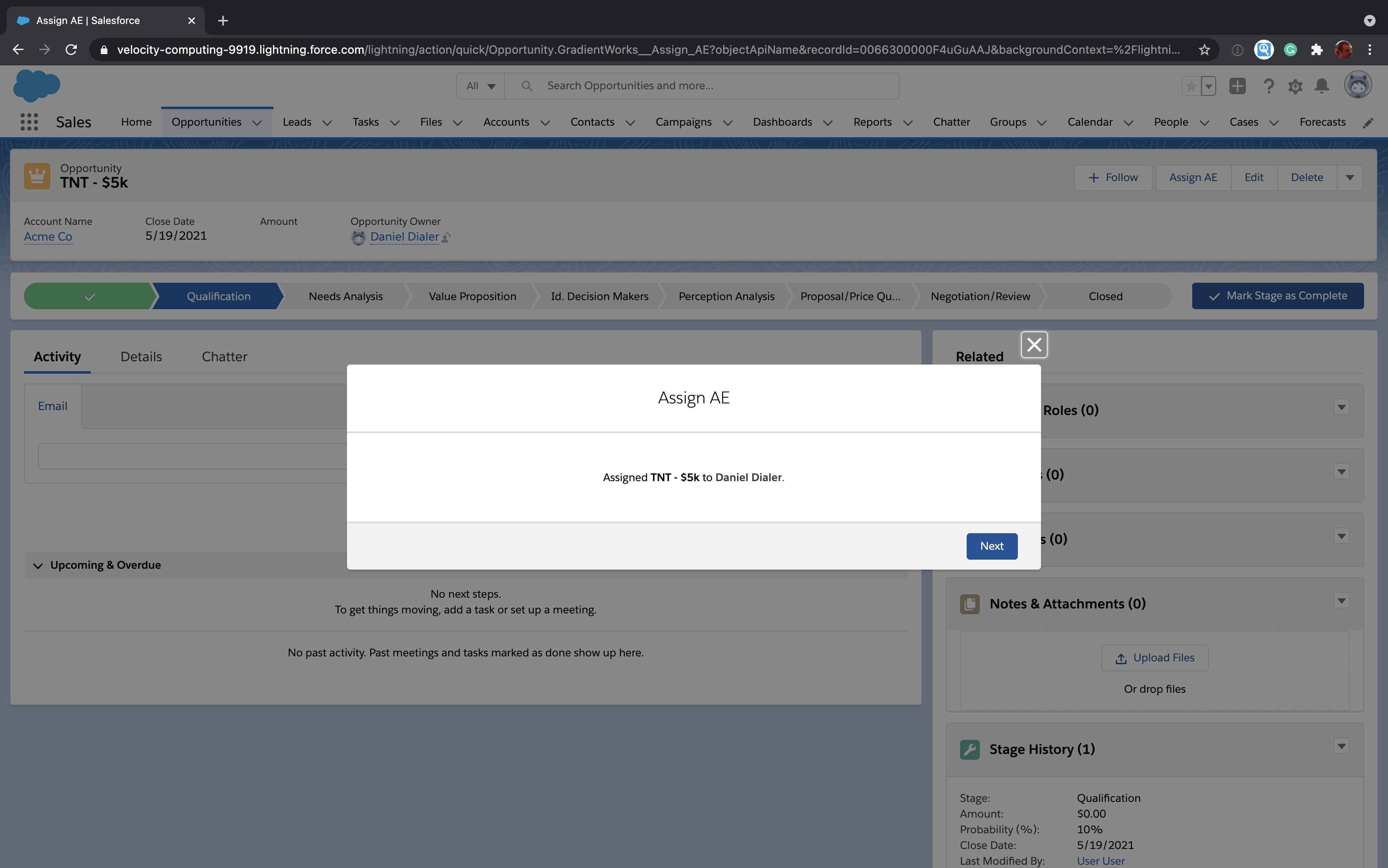 Salesforce Screen Flow dialog indicating the opportunity was assigned