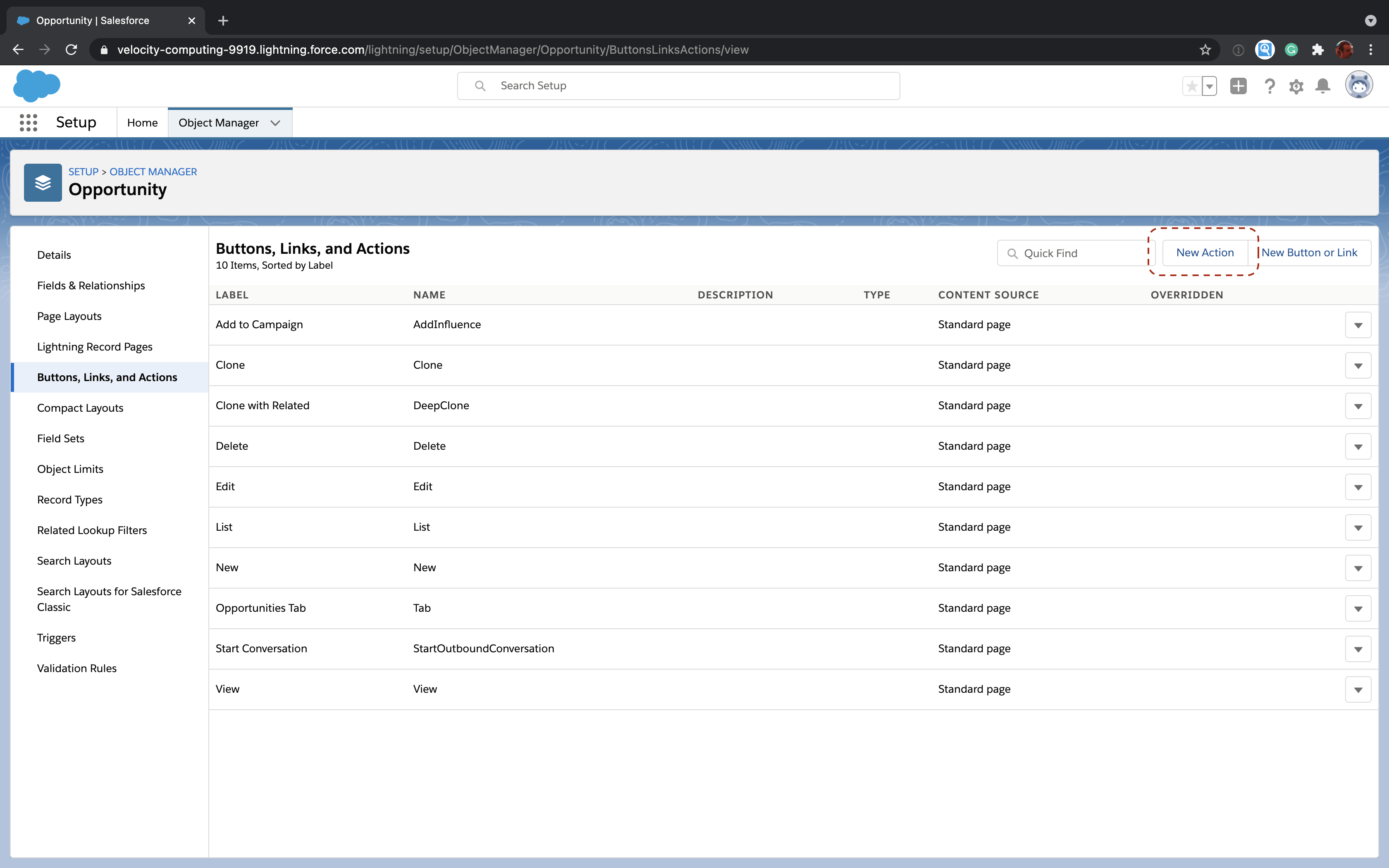 Salesforce Opportunity object Buttons, Links and Actions section
