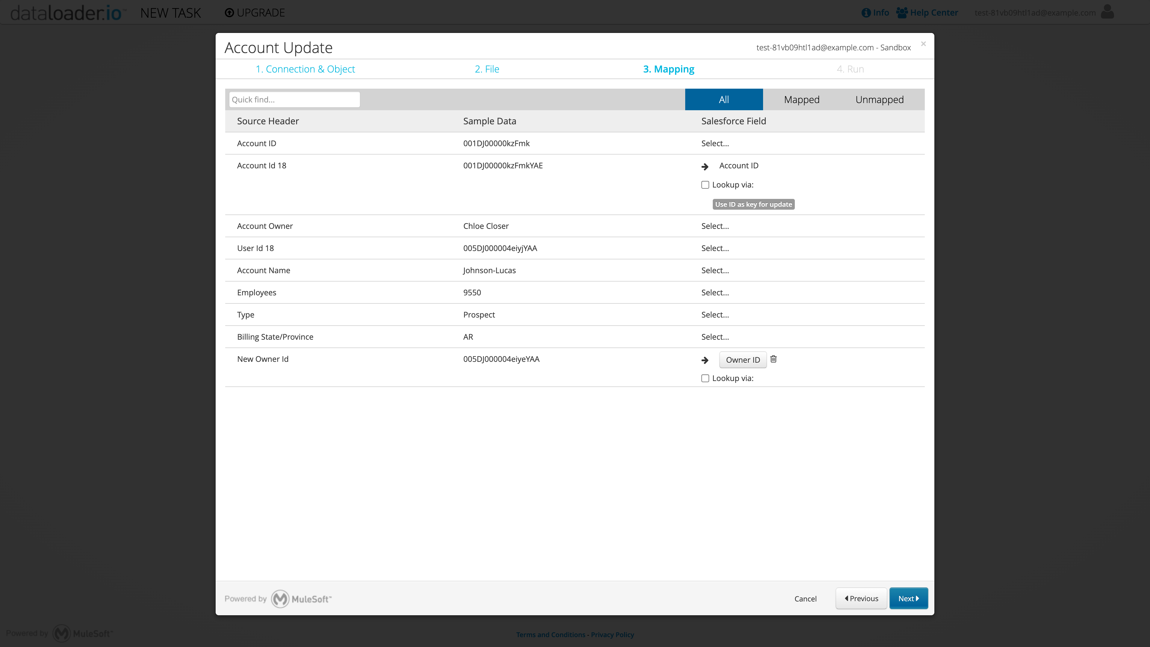 Select fields to update account owner in Salesforce using dataloader.io