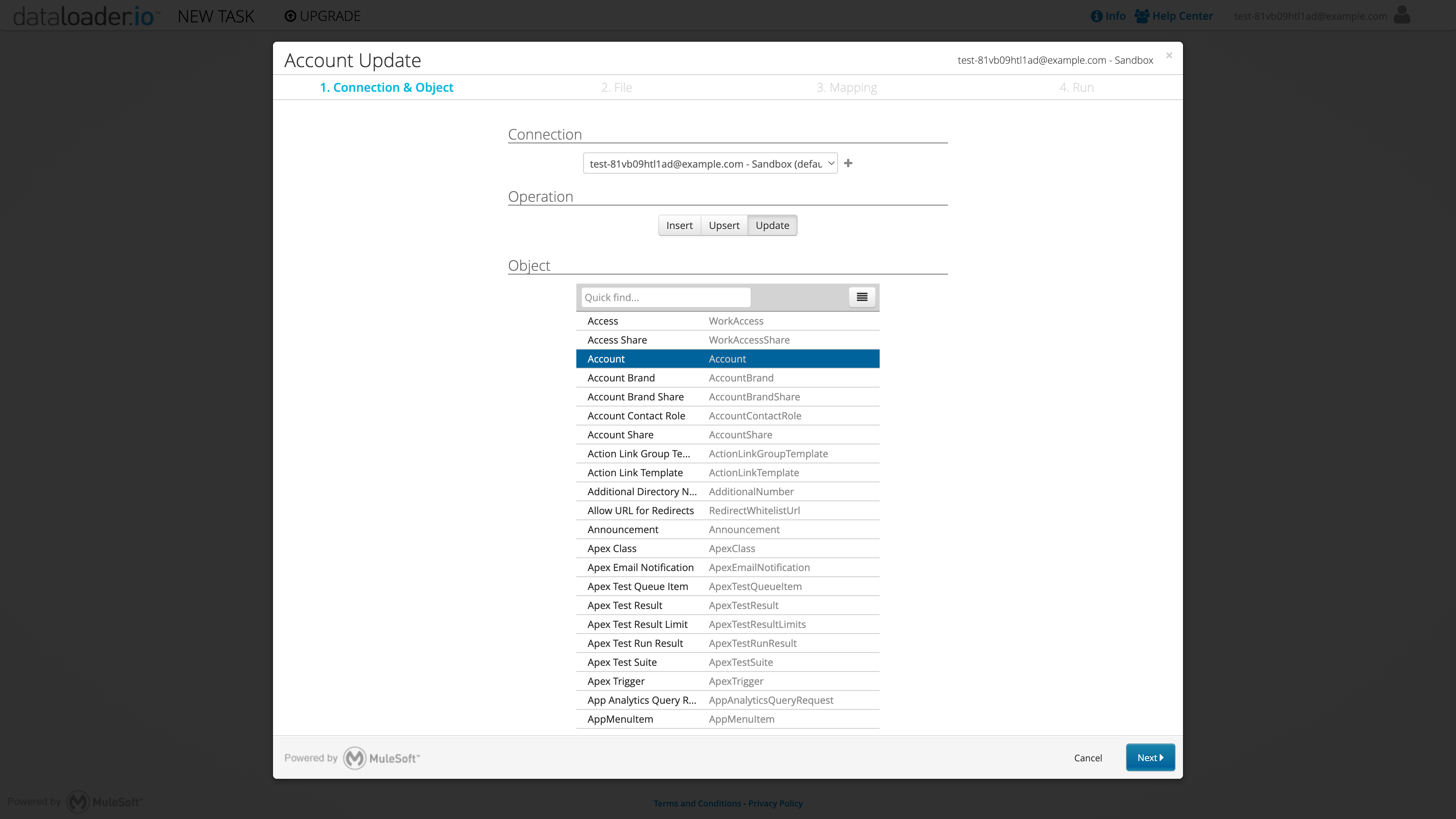 Start mass account transfer task in dataloader.io