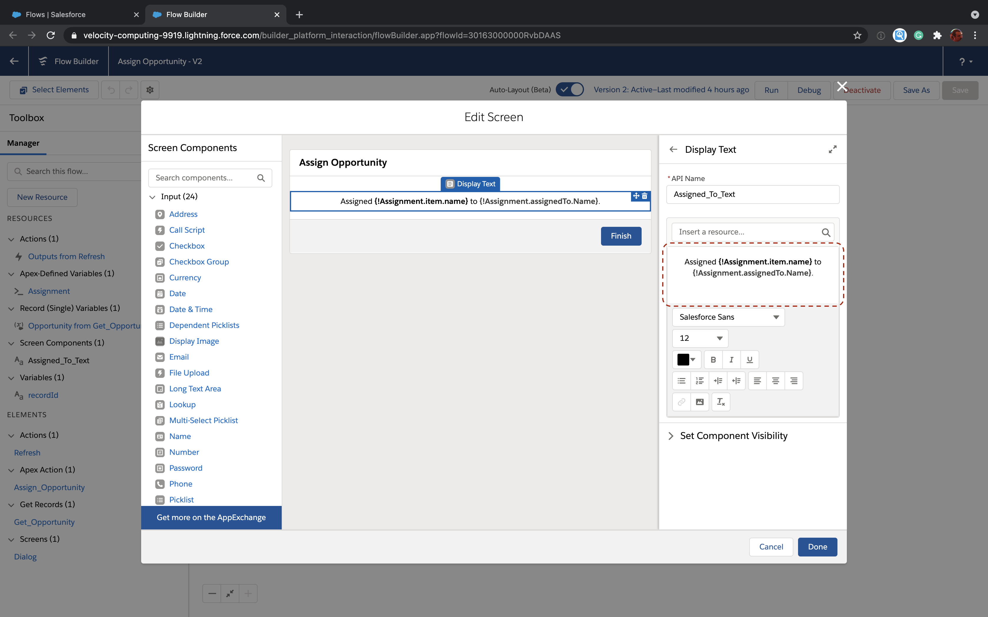 Screen Flow dialog config in Screen element