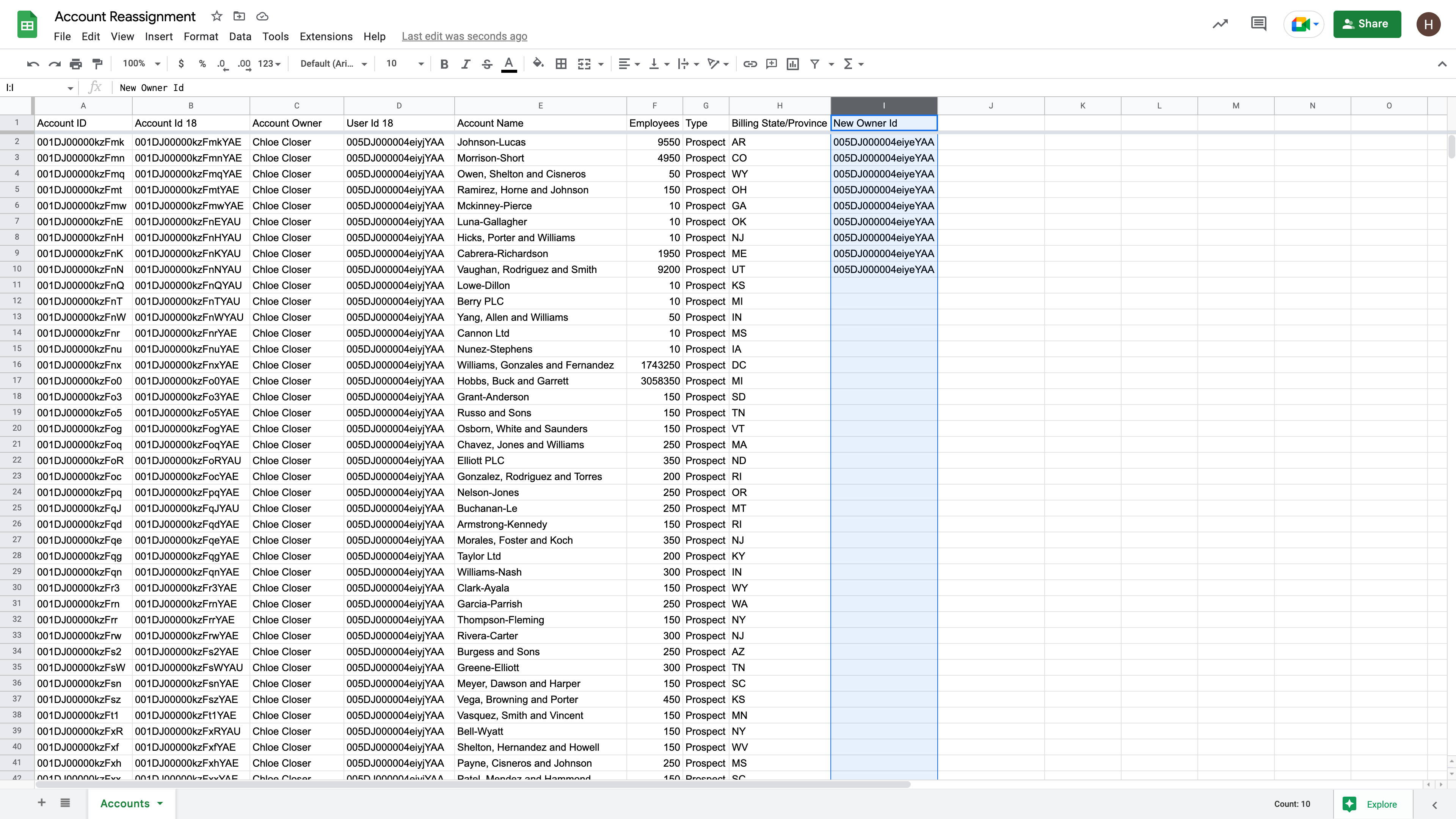 Specify a new account owner id in Google Sheets