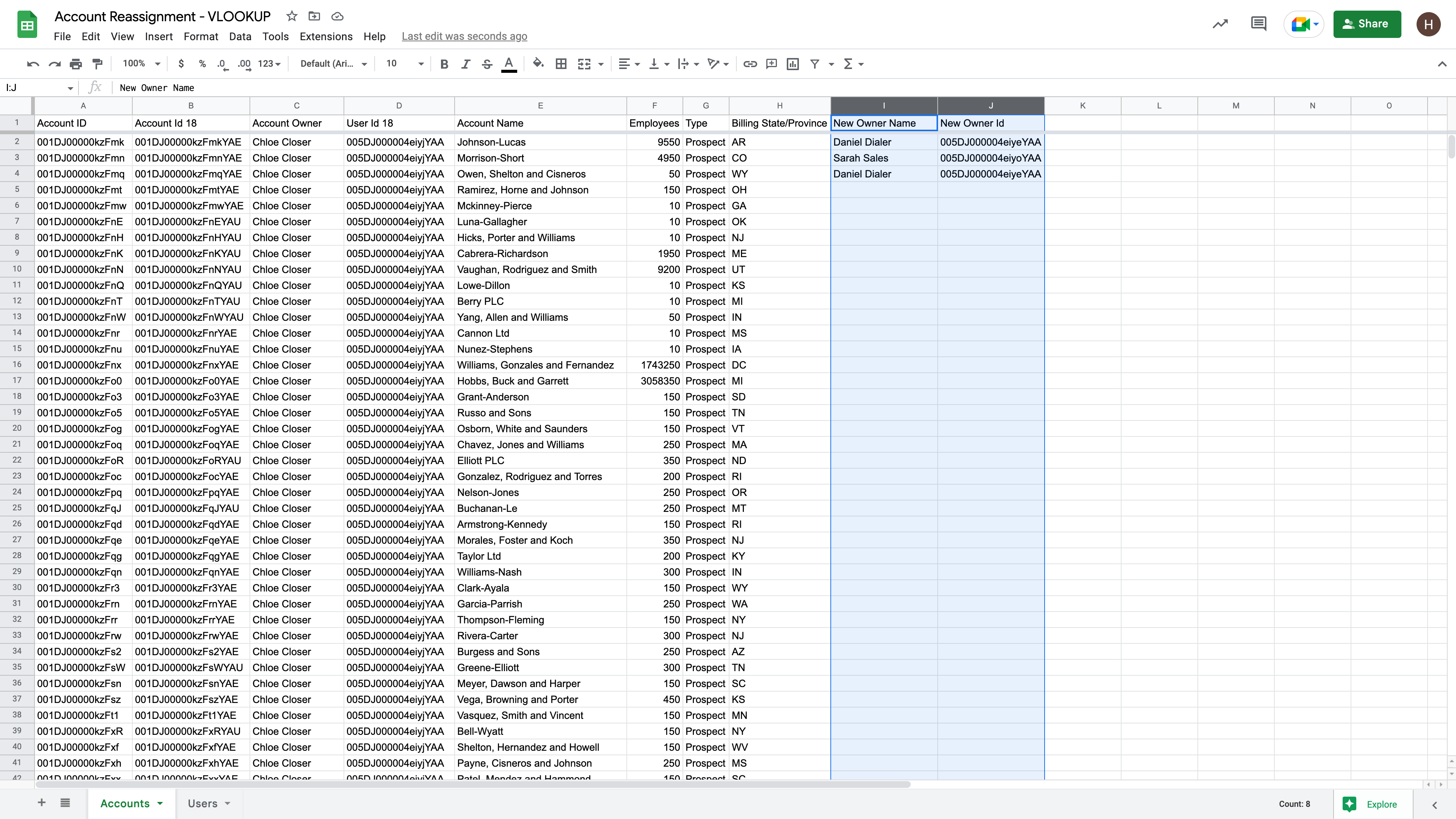 Specify new account owner using VLOOKUP in Google Sheets