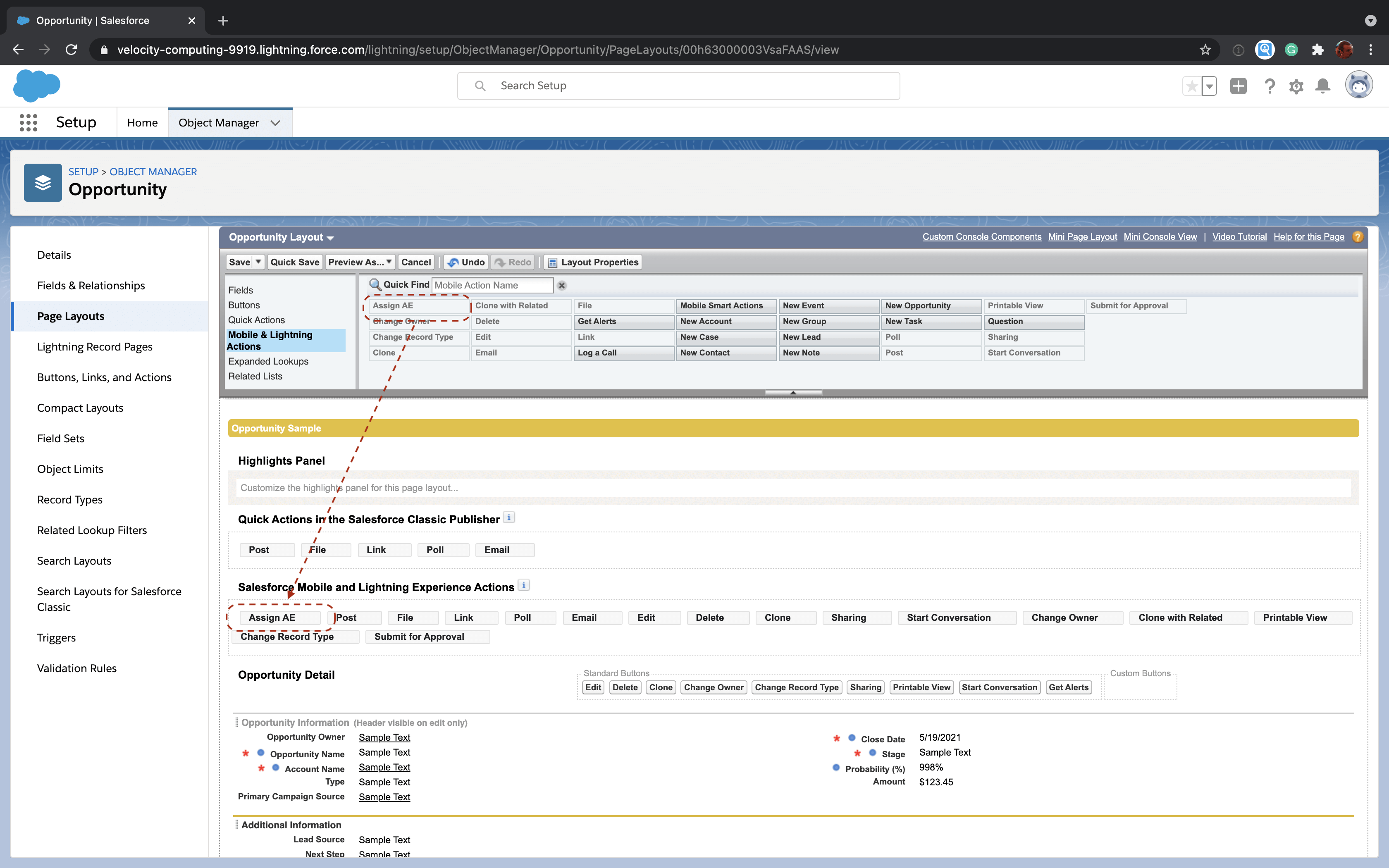 Salesforce Opportunity page layout editor showing how to drag the Assign AE action into the layout