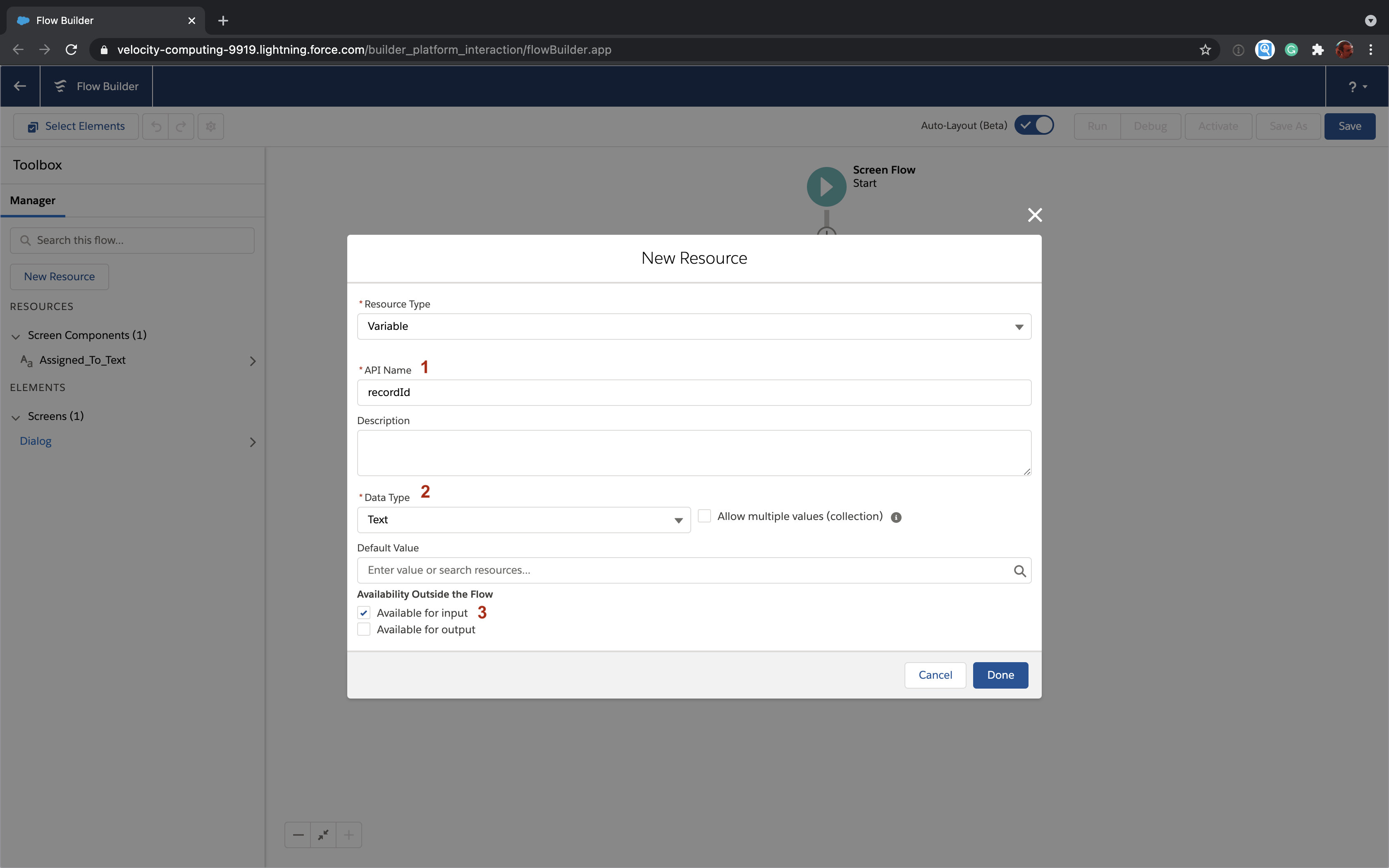 Salesforce Flow new resource screen for the recordId variable