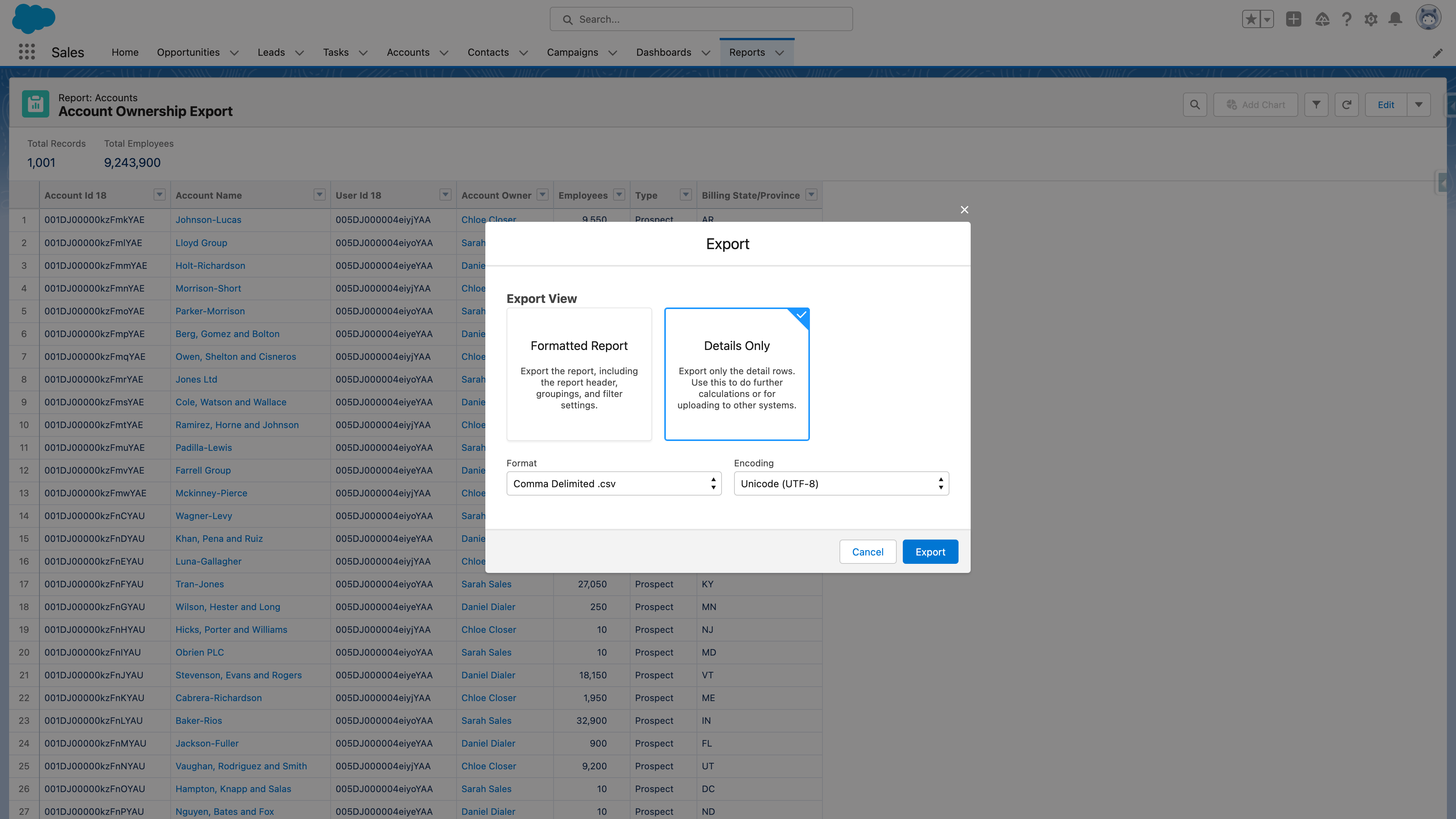 Export account ownership report to CSV